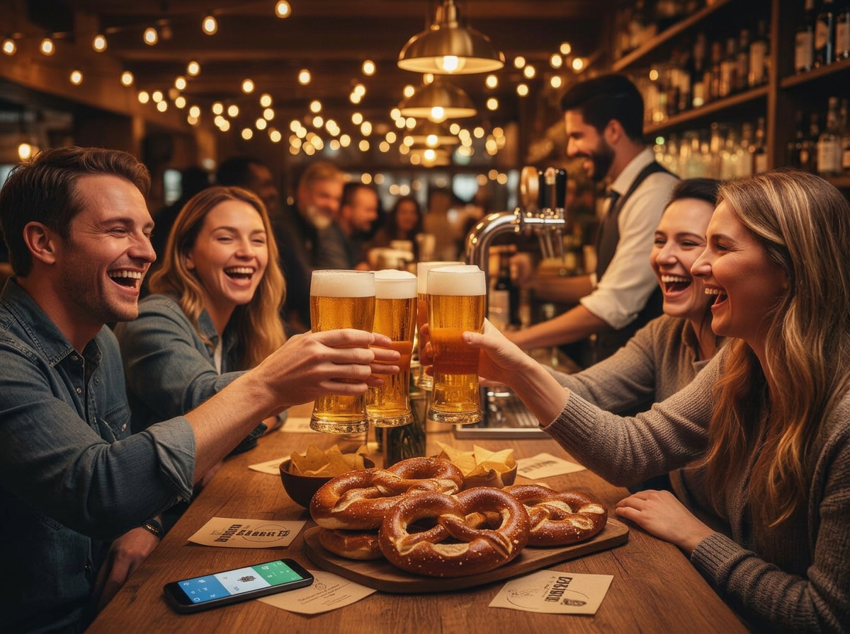 Pub&Go Atmosphäre — Freunde stoßen mit frisch gezapftem Bier an